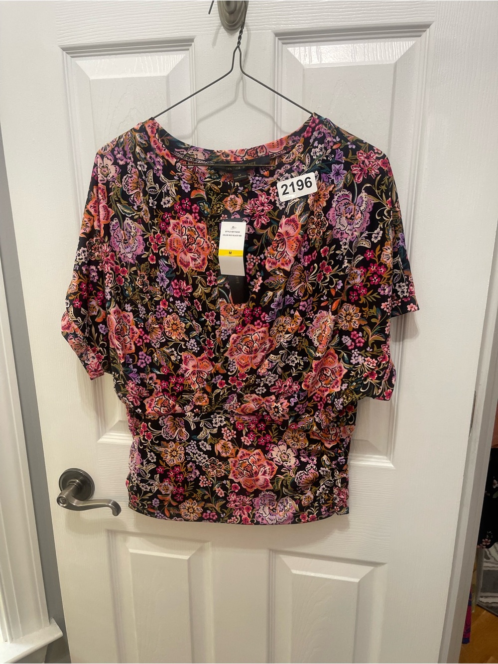 Cynthia Steffe Black Floral Wrap-Front Puff Sleeve Top